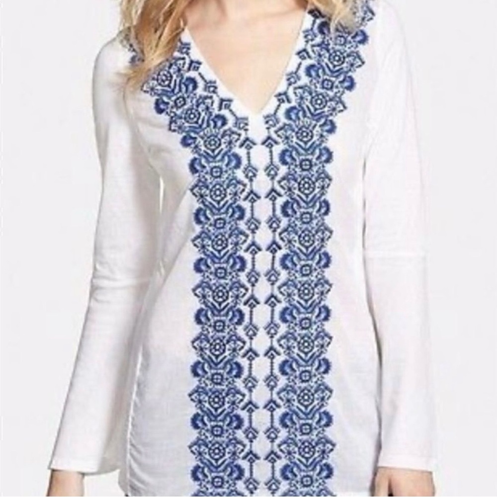 Michael Kors White Tunic with Blue Embroidery